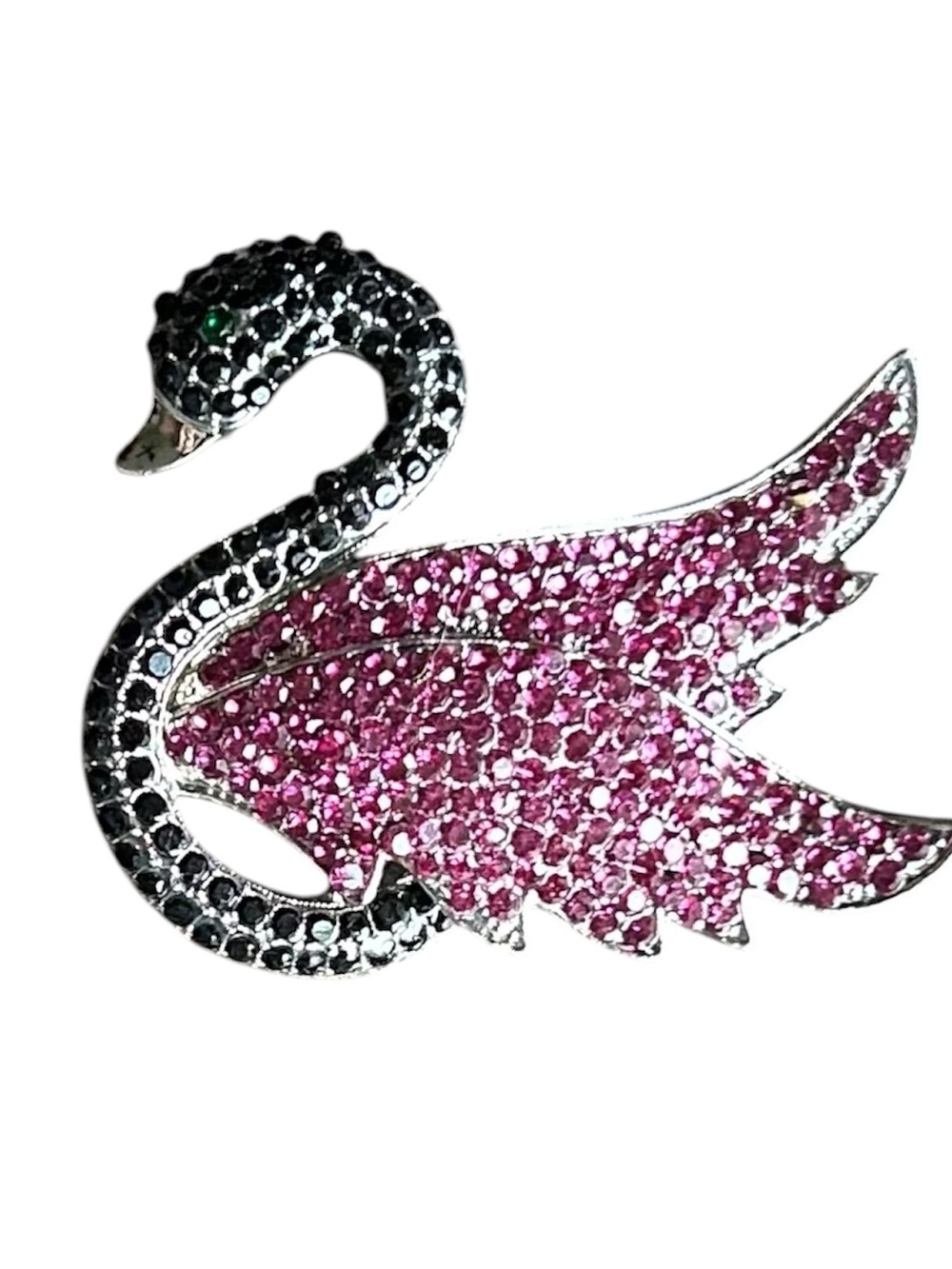 New Swan Silver Tone Brooch black, pink/purple rhinestones